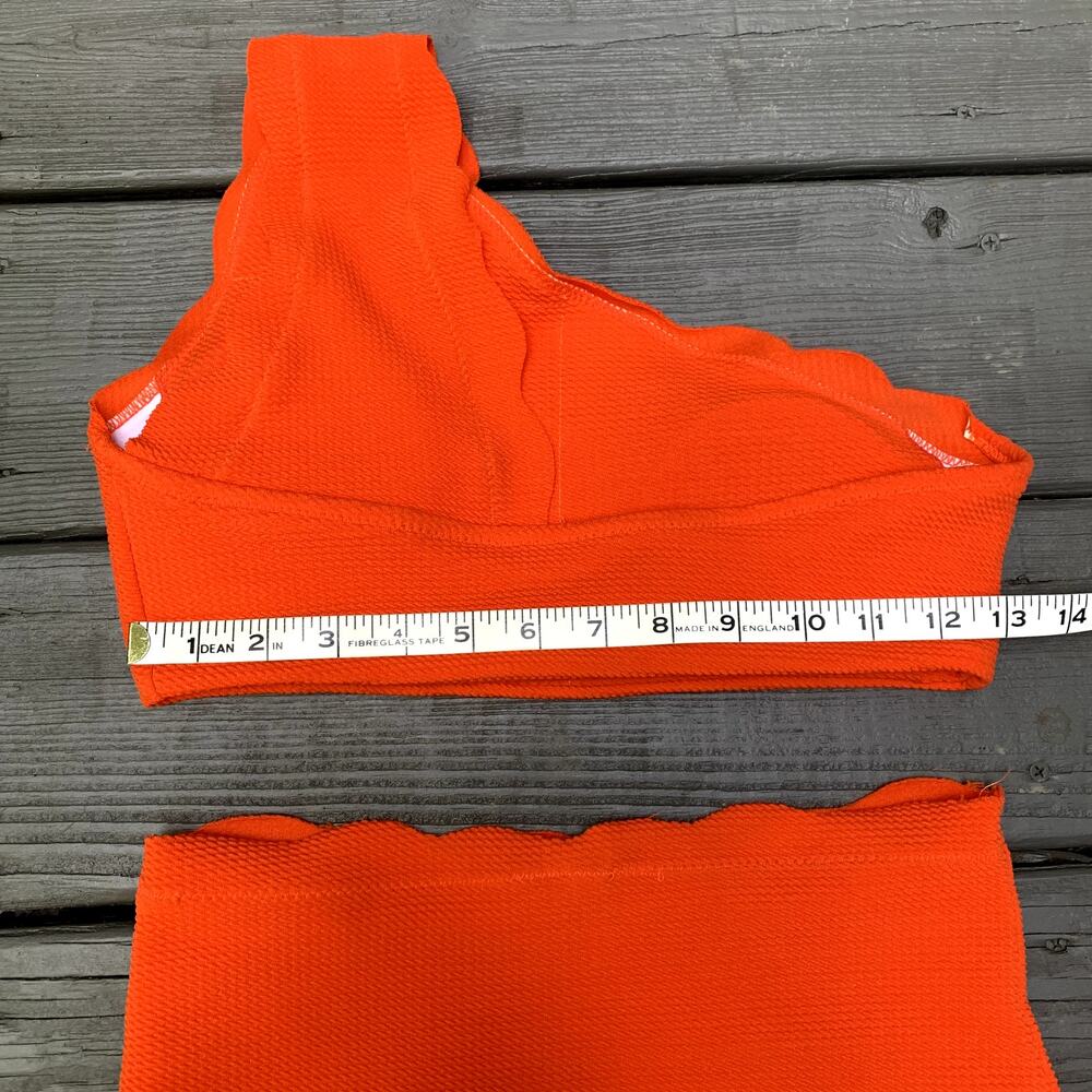Zaful High Waisted Scalloped One Shoulder Bikini Set - Bright Orange Size 2 - Picture 6 of 11